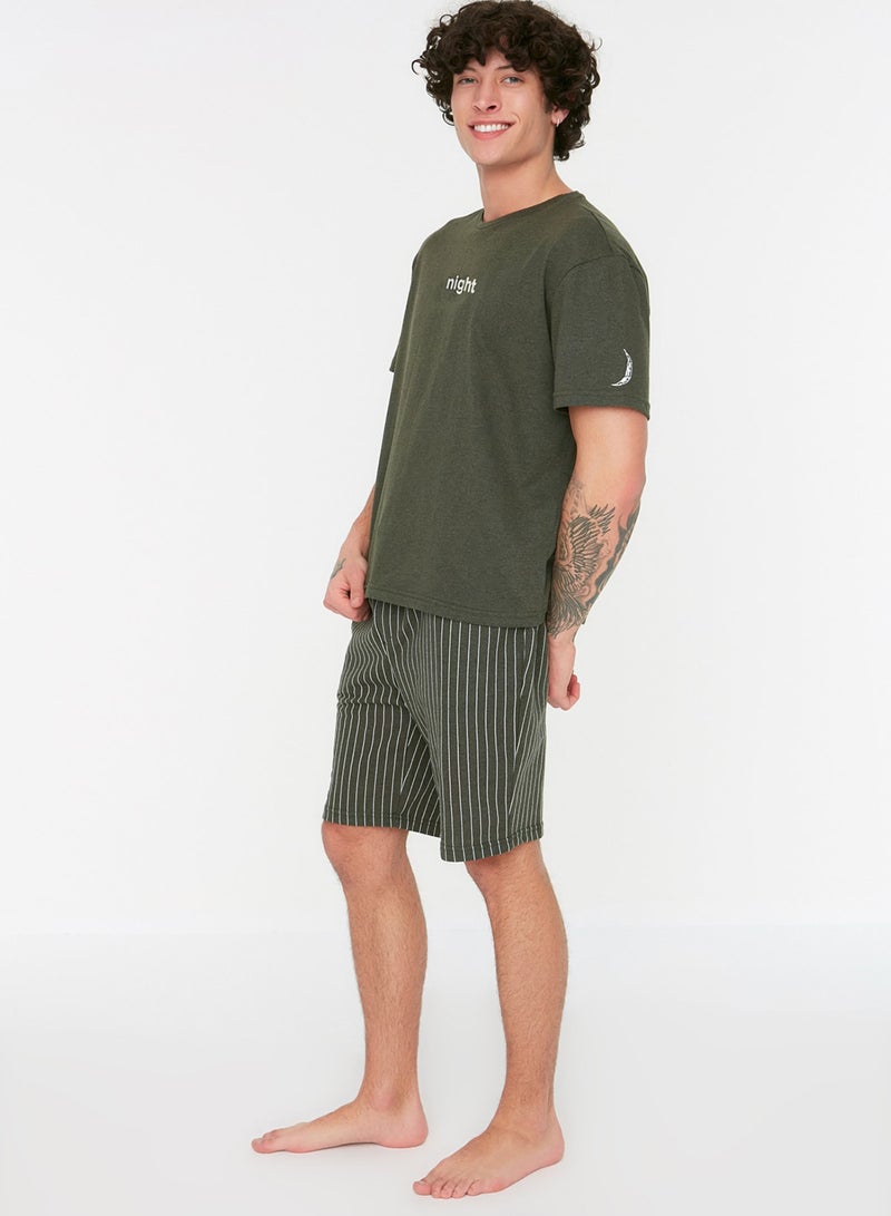 trendyol Khaki Regular Fit Printed Knitted Summer Pajamas Set with Shorts THMSS21PT1005 - Image 2