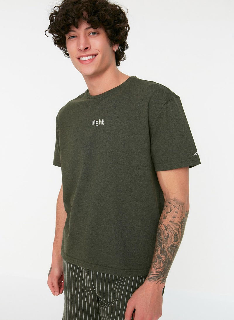 trendyol Khaki Regular Fit Printed Knitted Summer Pajamas Set with Shorts THMSS21PT1005 - Image 1