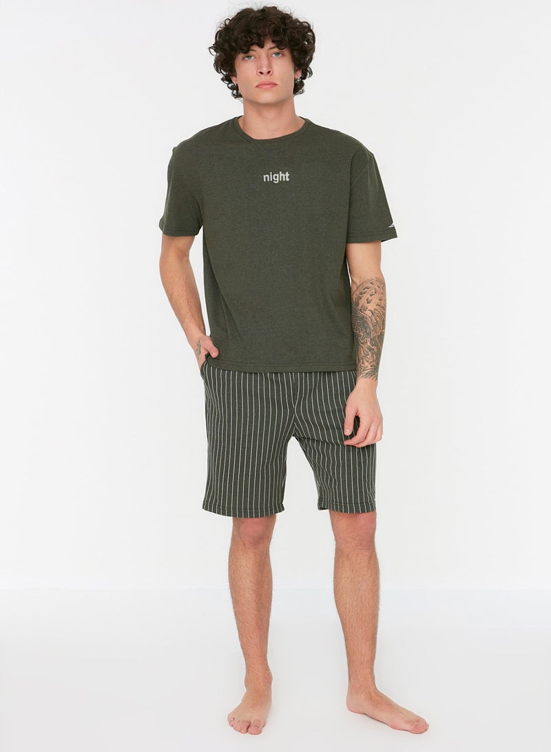 trendyol Khaki Regular Fit Printed Knitted Summer Pajamas Set with Shorts THMSS21PT1005 - Image 3
