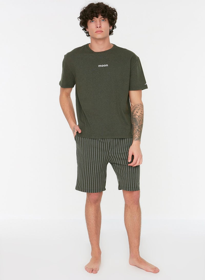 trendyol Khaki Regular Fit Printed Knitted Summer Pajamas Set with Shorts THMSS21PT1005 - Image 5