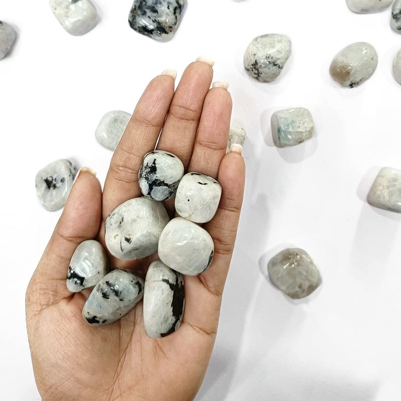 Shubhanjali Shubhanjali Reiki Healing Rainbow Moonstone Crystal Single Tumble Stone Raw Rainbow Moonstone Tumble Gemstone Pebble for Aquarium Home Decorative Garden Table Vastu Correction 1 Pc White  - Image 5