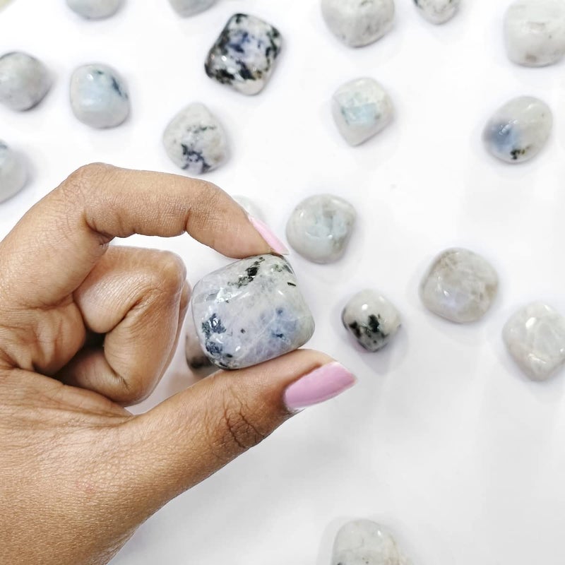 Shubhanjali Shubhanjali Reiki Healing Rainbow Moonstone Crystal Single Tumble Stone Raw Rainbow Moonstone Tumble Gemstone Pebble for Aquarium Home Decorative Garden Table Vastu Correction 1 Pc White  - Image 3