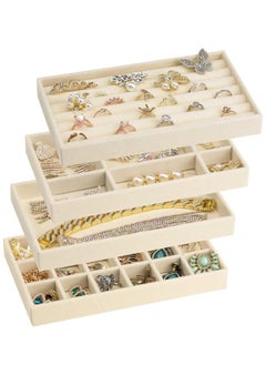 Stackable Velvet Jewelry Trays Organizer, Jewelry Storage Display Trays for Drawer, Earring Necklace Bracelet Ring Organizer, Set of 4 (Beige)