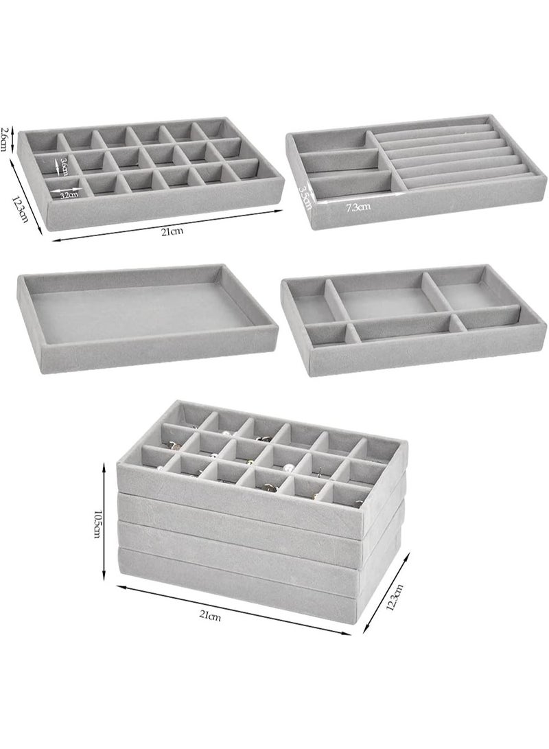Stackable Velvet Jewelry Trays Organizer, Jewelry Storage Display Trays for Drawer, Earring Necklace Bracelet Ring Organizer, Set of 4 (Grey) - Image 2