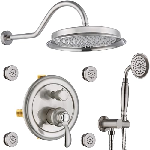 Homekicen Antique Shower FaucetSets Fixtures 9 inch Wall Rain Head with Handheld Spray and Body Jets 3 Way Diverter Rough in Valve System included Trim Kit Brushed Nickel - Image 1