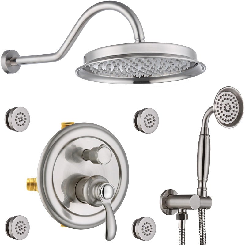 Homekicen Antique Shower FaucetSets Fixtures 9 inch Wall Rain Head with Handheld Spray and Body Jets 3 Way Diverter Rough in Valve System included Trim Kit Brushed Nickel - Image 2