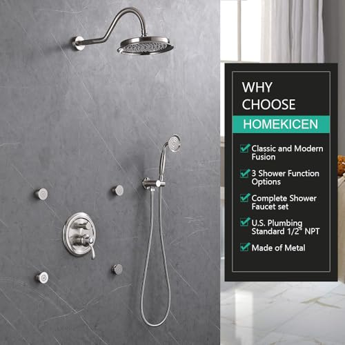 Homekicen Antique Shower FaucetSets Fixtures 9 inch Wall Rain Head with Handheld Spray and Body Jets 3 Way Diverter Rough in Valve System included Trim Kit Brushed Nickel - Image 3