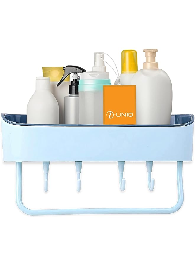 vesus Bathroom Toiletries Rack with 4 Hooks and Hanger, Plastic Shower Rack for Kitchen, Bathroom, Drill-Free Removable, Bath Shower Caddy, Shelf Basket for Sponge Shampoo Soap Lotion (27x10.5x6.5cm)  - Image 1