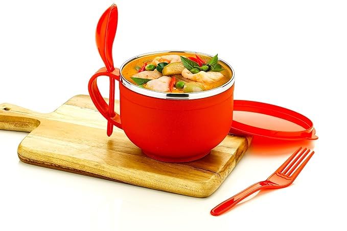 Doratik Multipurpose Stainless Steel Noodle Bowl Soup Bowl with Airtight Lid Handle Spoon Holder with Spoon Fork Food Container for Use in Kitchen - Image 5