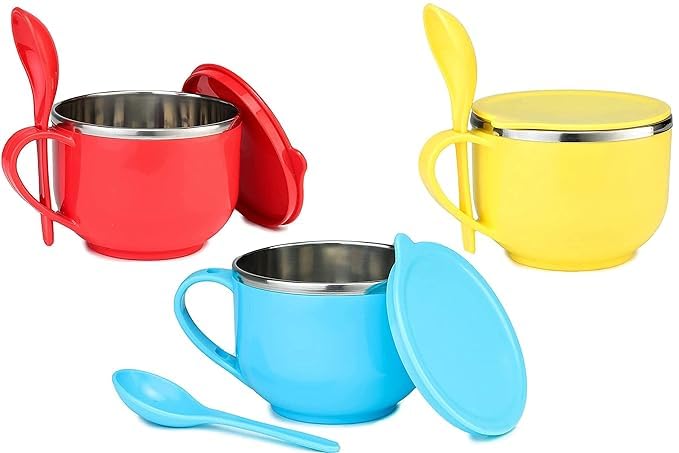 Doratik Multipurpose Stainless Steel Noodle Bowl Soup Bowl with Airtight Lid Handle Spoon Holder with Spoon Fork Food Container for Use in Kitchen - Image 3