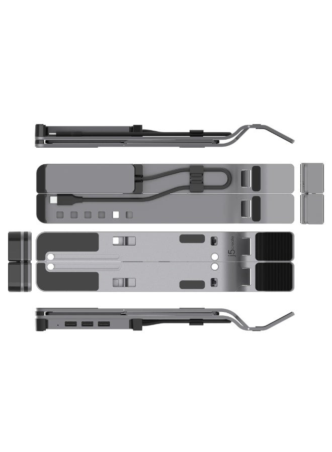 j5 create حامل لابتوب مع موزع USB بـ4 منافذ، حامل ألمنيوم قابل للتعديل مع 4 منافذ USB، حامل مكتبي مريح للماك بوك واللاب توب - Image 4