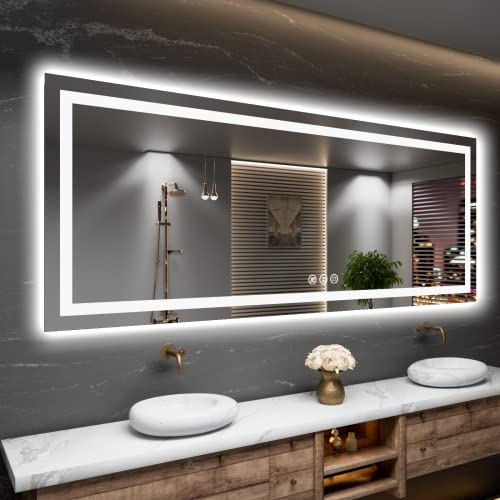 مرآة حمام LED أموره 72 × 36 مع ضوء أمامي وإضاءة خلفية مرآة حائط كبيرة مضادة للضباب قابلة للتعتيم مقاومة للكسر بذاكرة 3 ألوان مرآة تجميل LED قابلة للتعليق