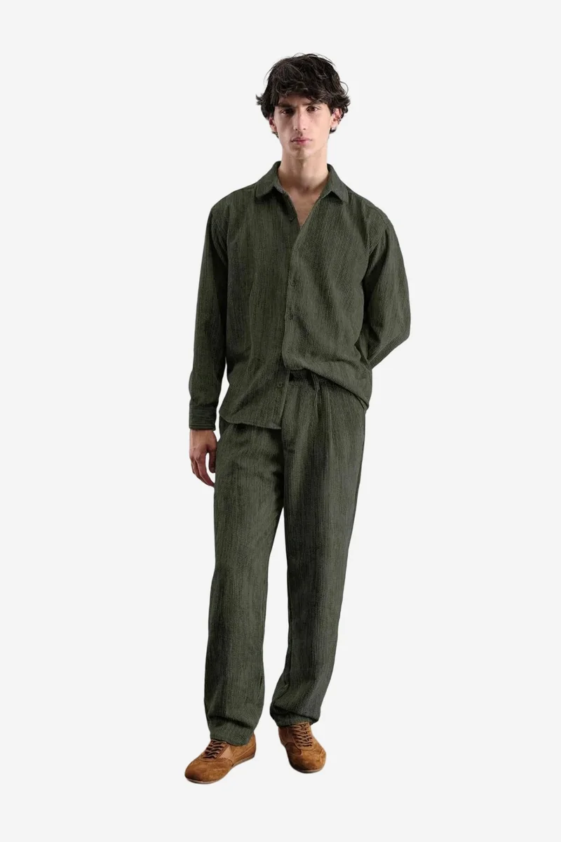 Giesto Khaki Green GIESTO Relaxed Fit Textured Pleated Pants for Men | Best Price UAE