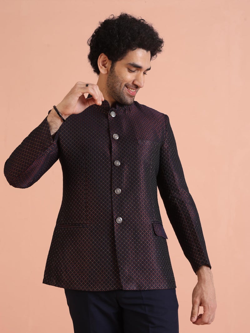 KISAH Men's Jodhpuri Bandhgala-Blazer Trouser Set, Magenta Silk Blend, Woven Design Regular Fit Mandarin Collar Long Sleeves (44) - Image 4