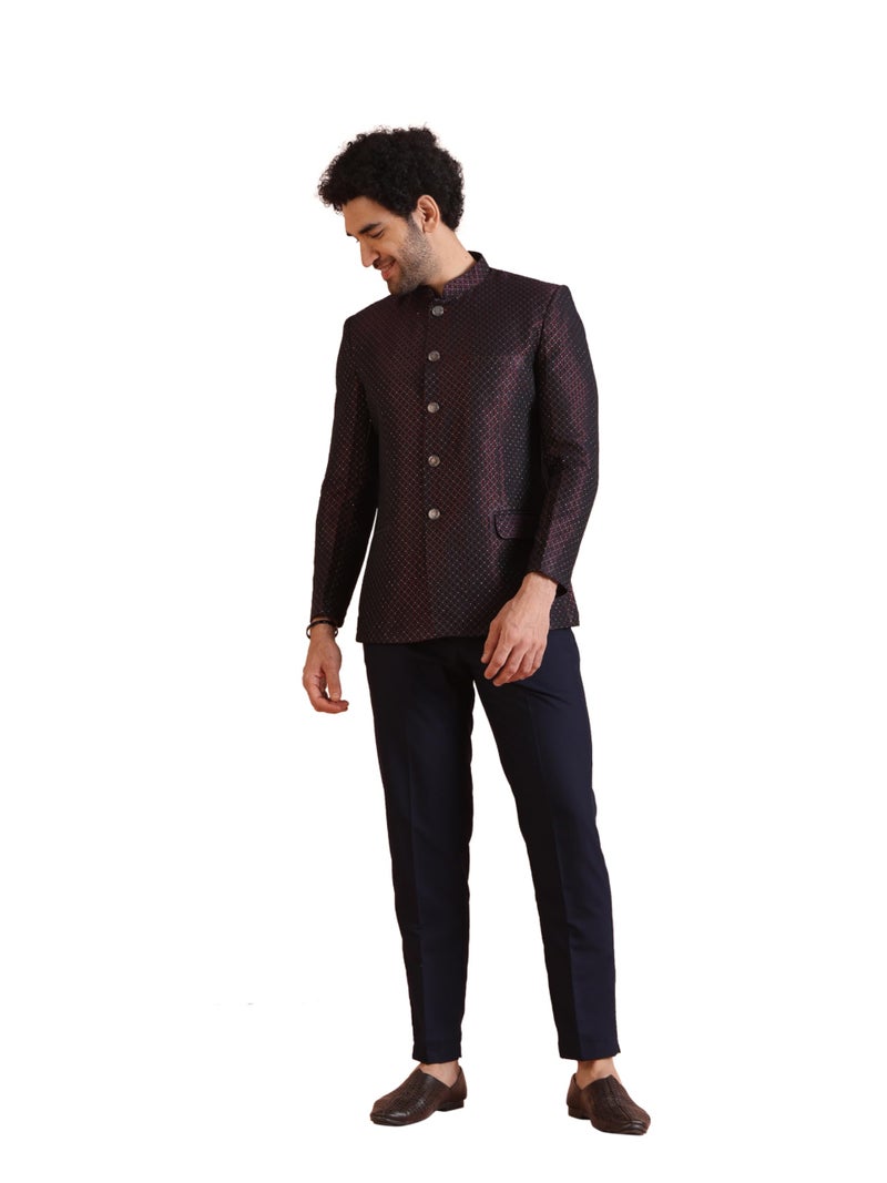 KISAH Men's Jodhpuri Bandhgala-Blazer Trouser Set, Magenta Silk Blend, Woven Design Regular Fit Mandarin Collar Long Sleeves (44) - Image 1