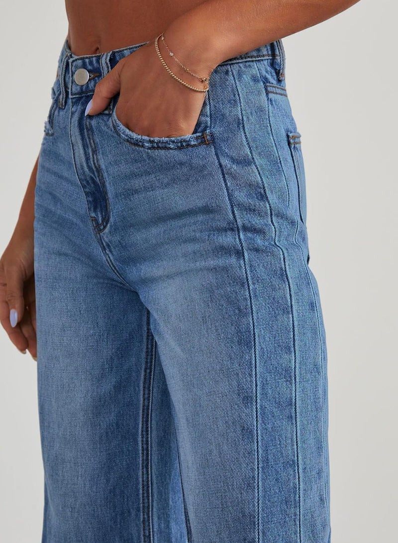 Sidefeel Women's Wide Leg Jeans High Waisted Stretchy Raw Hem Denim Pants Size 8 Blue - Image 4