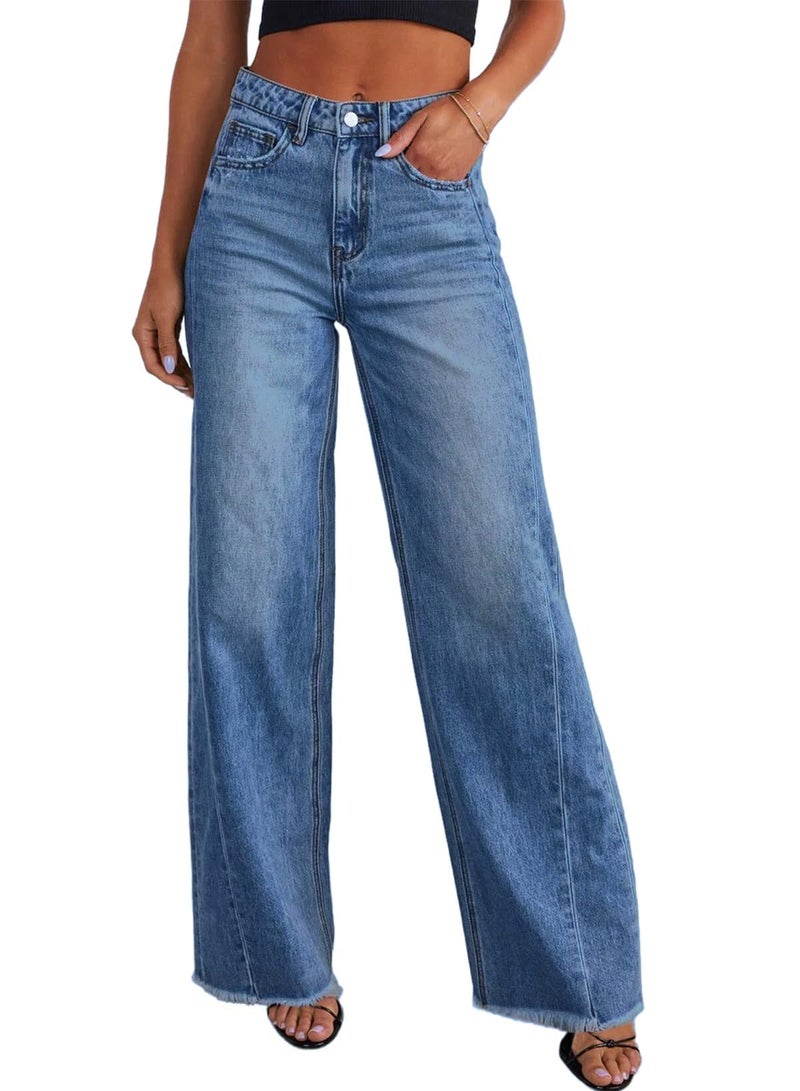 Sidefeel Women's Wide Leg Jeans High Waisted Stretchy Raw Hem Denim Pants Size 8 Blue - Image 1