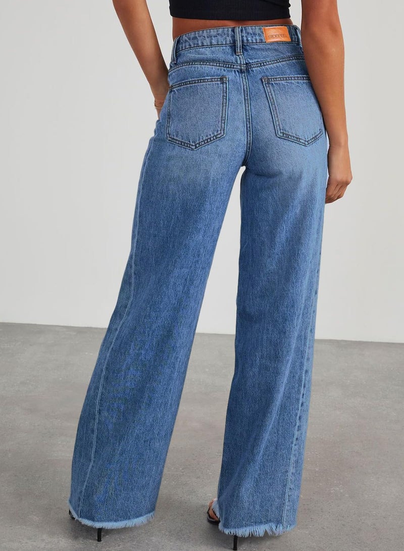 Sidefeel Women's Wide Leg Jeans High Waisted Stretchy Raw Hem Denim Pants Size 8 Blue - Image 2