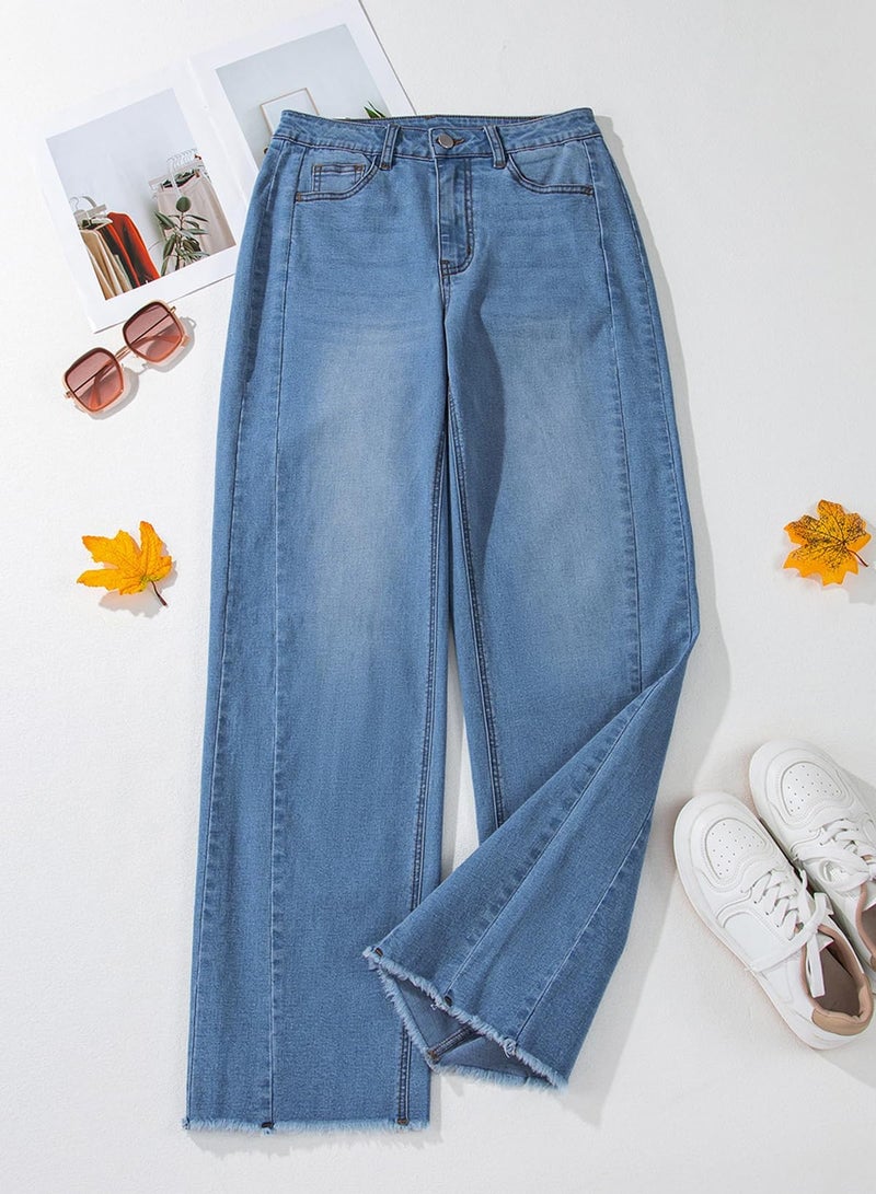 Sidefeel Women's Wide Leg Jeans High Waisted Stretchy Raw Hem Denim Pants Size 8 Blue - Image 3