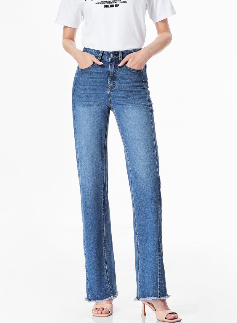 Sidefeel Women's Wide Leg Jeans High Waisted Stretchy Raw Hem Denim Pants Size 8 Blue - Image 5