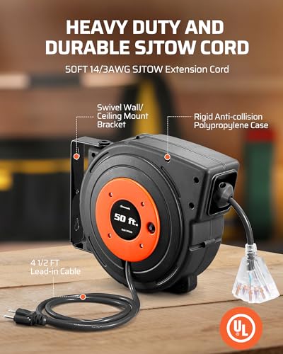 DEWENWILS بكرة سلك تمديد قابلة للسحب DEWENWILS، سلك طاقة ثقيل 50 قدم، 14AWG/3C SJTOW، 3 مخرج مؤرض مضاء، قاطع دائرة 13 أمبير، مدرج في UL - Image 3
