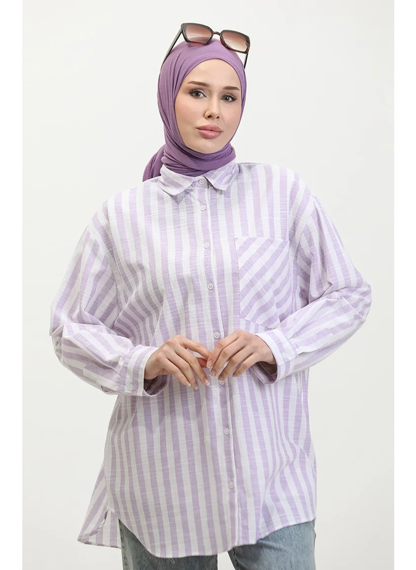 Sefa Merve Linen Blend Striped Shirt 4817-02 Lilac