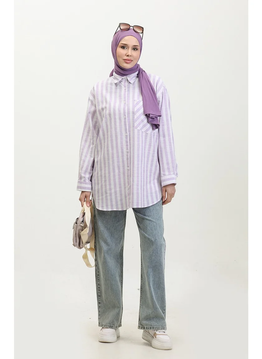 Sefa Merve Linen Blend Striped Shirt 4817-02 Lilac