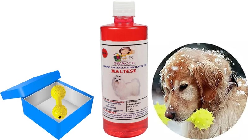 swacch Maltese Dog Shampoo + Dumbbell Toy I Durable Rubber Dog Toy for Chewing I Playing,Teeth Cleaning & Training Toy I Combo Pack I 500ml Jasmine - Image 1