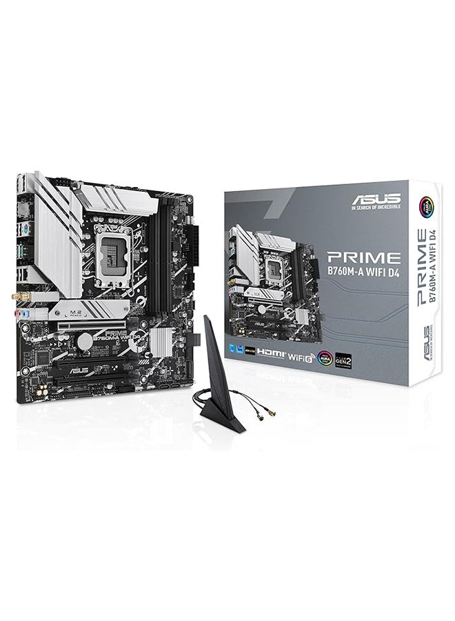 PRIME B760M-A WIFI D4 LGA1700 mATX Motherboard, Intel B760 Chipset, 4x DDR4 DIMM, Up to 128GB Max Memory, Wi-Fi 6 / 2.5Gb ETH / BT v5.2, PCIe 4.0, USB 3.2 Type-C, 2*M.2 HDMI/DP | 90MB1CX0-M0EAY0 Black
