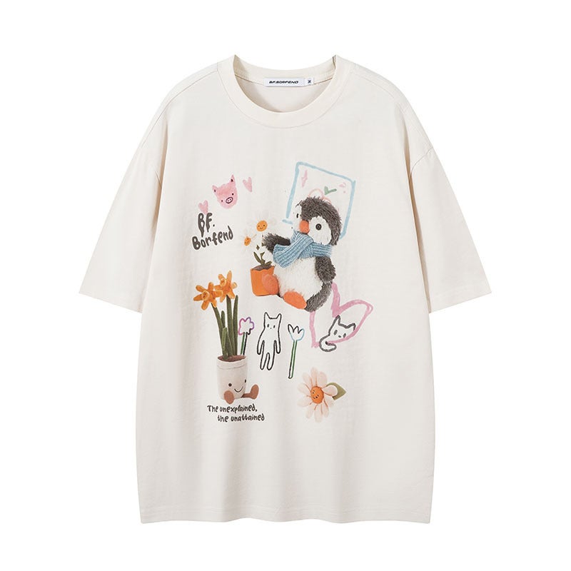 Couple T-Shirt With Retro Style, Loose Short Sleeves, American Hip-Hop Trendy Brand Cartoon Print Shirt For Men And Women, Lazy Style - Image 1