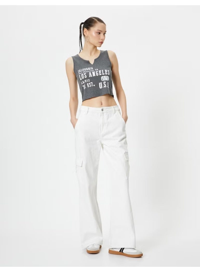 KOTON Sleeveless Short T-Shirt Cutaway V Neck Printed - Image 2