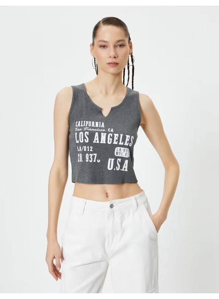 KOTON Sleeveless Short T-Shirt Cutaway V Neck Printed - Image 3