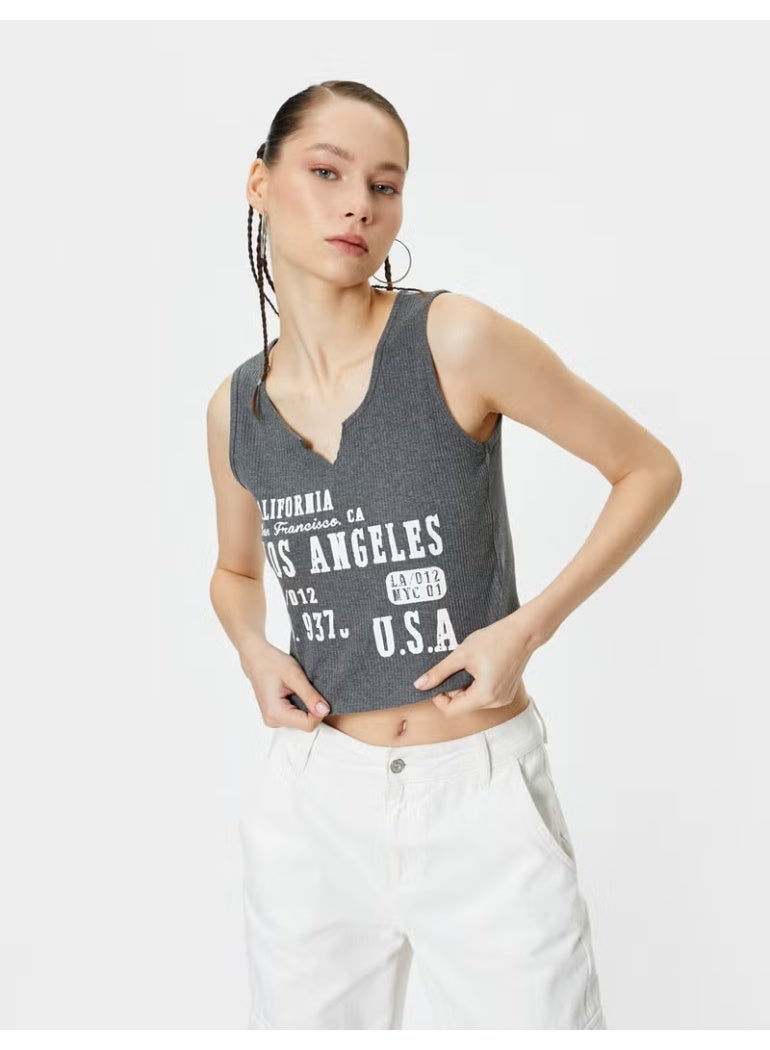 KOTON Sleeveless Short T-Shirt Cutaway V Neck Printed - Image 1
