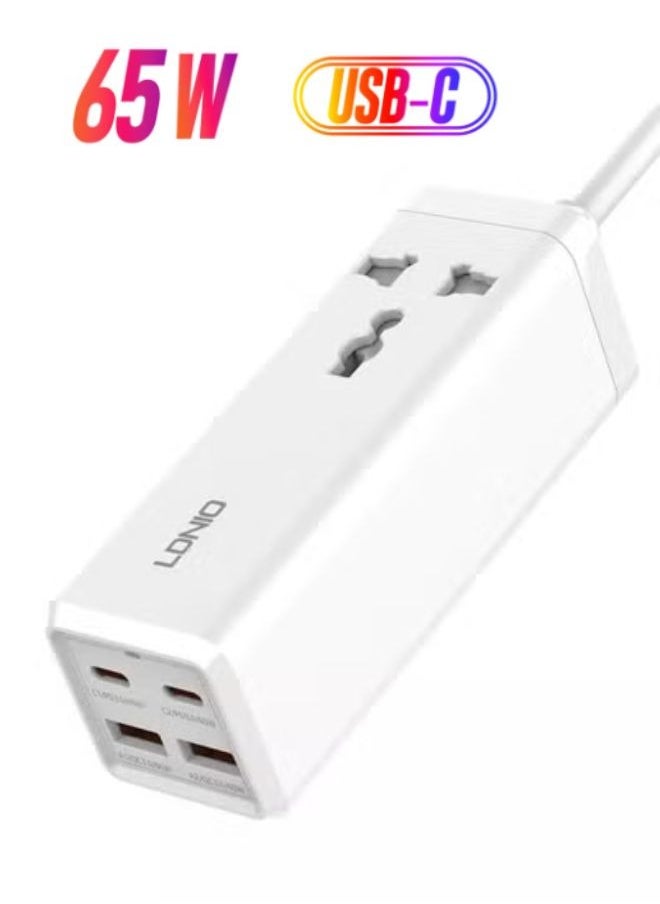 LDNIO - شاحن USB C بقوة 65 وات، محطة شحن LDNIO 5 في 1 USB C مع منافذ تيار متردد، 2USB-C، 2USB، شريط طاقة USB C لشاحن سريع لأجهزة MacBook، وأجهزة الكمبيوتر المحمولة، وiPad، وiPhone، وGalaxy، وSteam Deck (قابس المملكة المتحدة) - Image 1