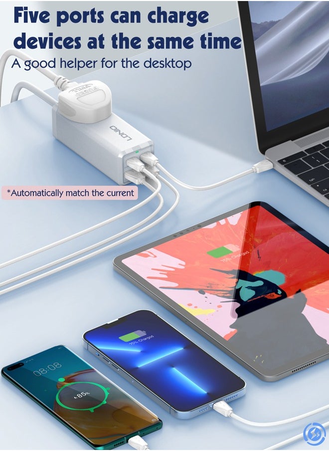LDNIO - شاحن USB C بقوة 65 وات، محطة شحن LDNIO 5 في 1 USB C مع منافذ تيار متردد، 2USB-C، 2USB، شريط طاقة USB C لشاحن سريع لأجهزة MacBook، وأجهزة الكمبيوتر المحمولة، وiPad، وiPhone، وGalaxy، وSteam Deck (قابس المملكة المتحدة) - Image 1