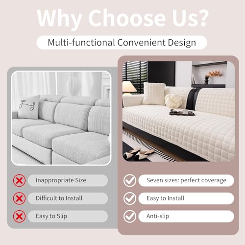 MDSASFD Velvet Couch Cover, Washable Sectional Sofa Cover, Anti Slip Sofa Slipcover for 3 Cushion Couch Sofa L Shaped Armrest Backrest, Furniture Protector Covers for Pets Kids(White, Only 1 PCS) - Image 5