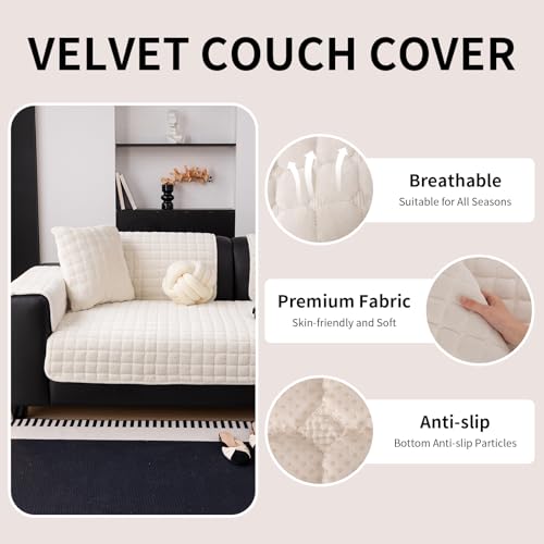 MDSASFD Velvet Couch Cover, Washable Sectional Sofa Cover, Anti Slip Sofa Slipcover for 3 Cushion Couch Sofa L Shaped Armrest Backrest, Furniture Protector Covers for Pets Kids(White, Only 1 PCS) - Image 4
