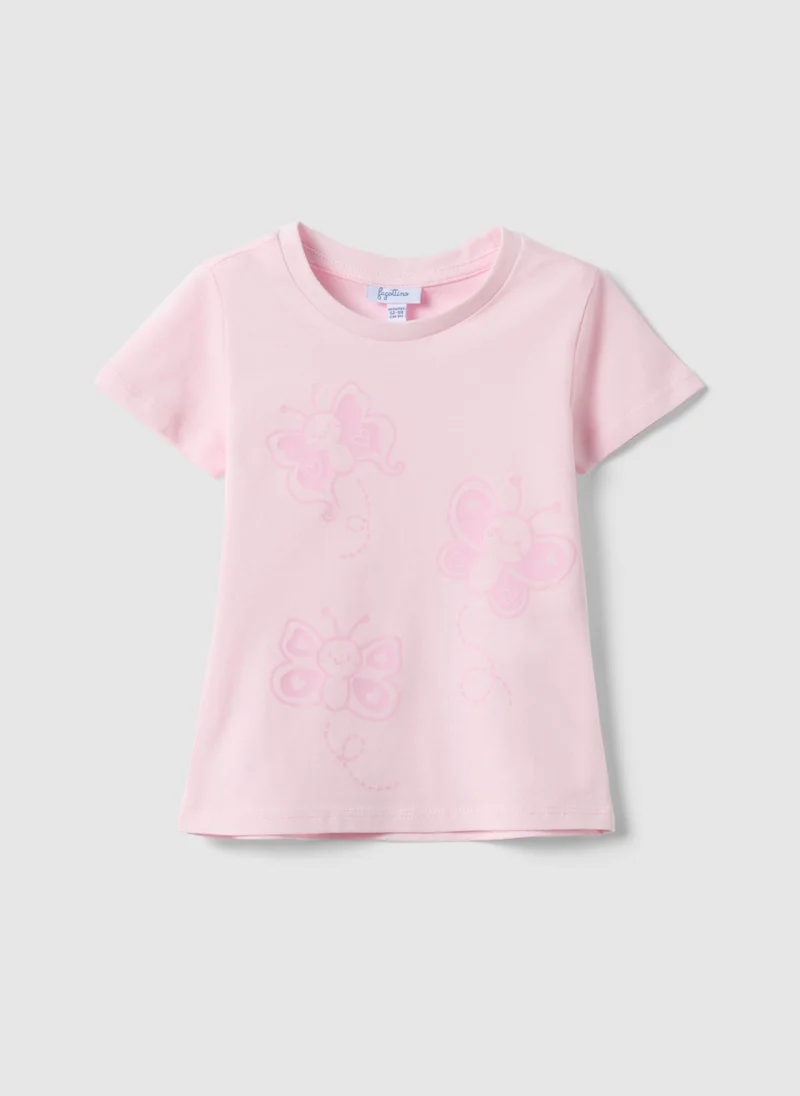 او في اس Ovs Girls' Pink Pure Cotton T-Shirt With Butterflies, Regular Fit