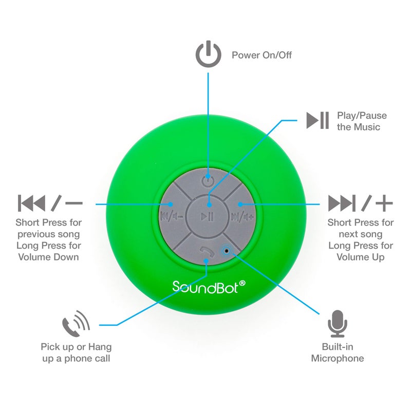 SoundBot سماعة شاور بلوتوث مقاومة للماء Soundbot SB510 HD، سماعة محمولة مع ميكروفون مدمج، 6 ساعات من وقت التشغيل، أزرار تحكم وكوب شفط مخصص للاستحمام (أخضر) - Image 3