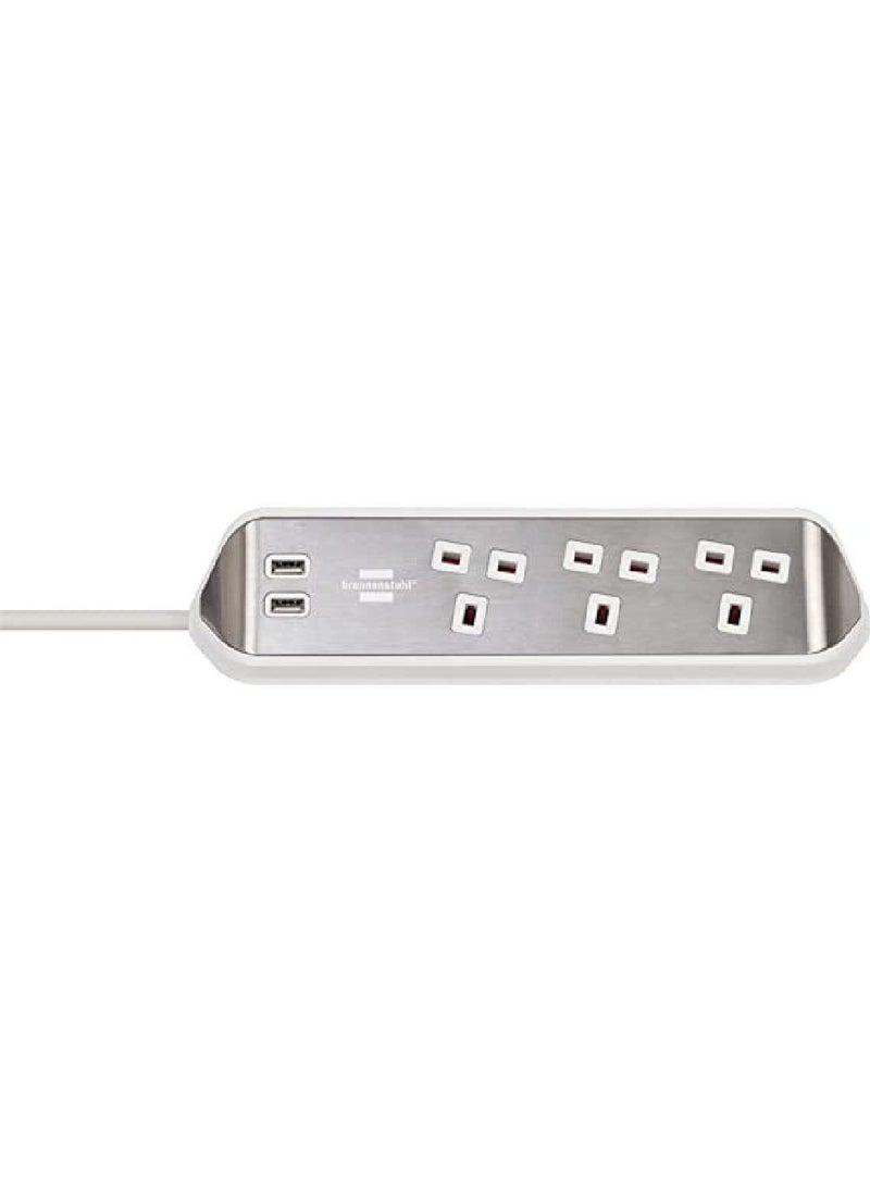 Brennenstuhl - BRENNENSTUHL 3-way BS Corner Extension Socket ESTILO with 2-way USB-A sockets, Stainless Steel Surface and 2 mtr cable - Image 1