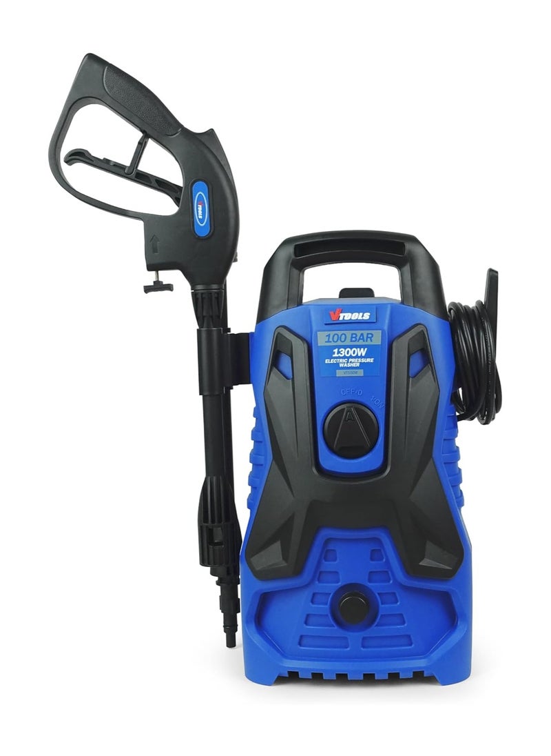 VTOOLS - 100 Bar Electric Pressure Washer With 2 Wheels,5 Meter Hose & Soap Dispenser, 1300 Watt,Copper Motor, Auto Stop and Self Priming Mode, For Car, Cleaning, Home & Garden, Blue - Image 1