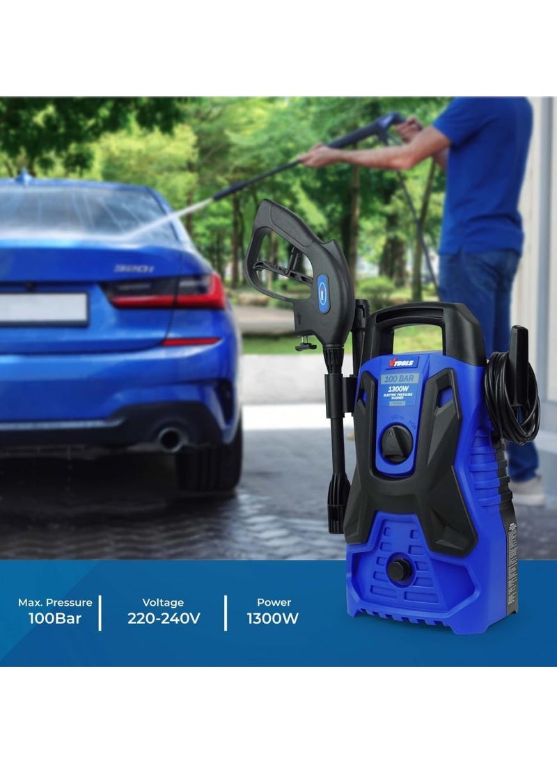 VTOOLS - 100 Bar Electric Pressure Washer With 2 Wheels,5 Meter Hose & Soap Dispenser, 1300 Watt,Copper Motor, Auto Stop and Self Priming Mode, For Car, Cleaning, Home & Garden, Blue - Image 1