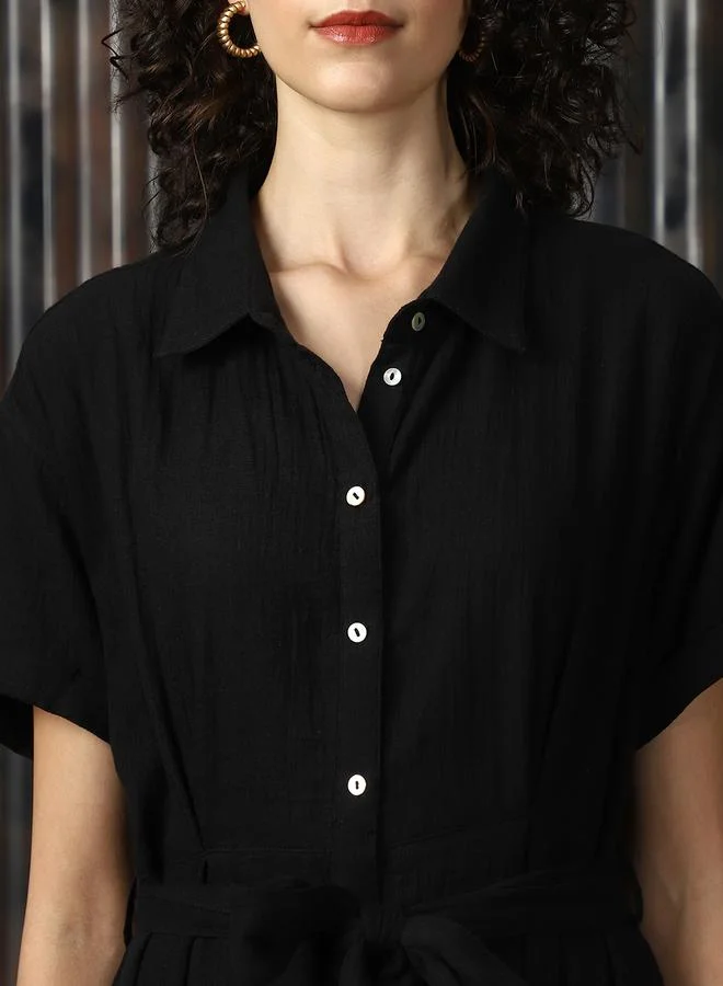 هاي ستار Women's Black 100% Cotton Solid Pattern Regular Length Oversized Dress