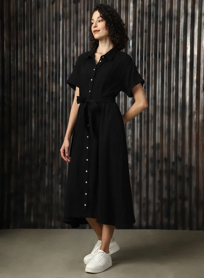 هاي ستار Women's Black 100% Cotton Solid Pattern Regular Length Oversized Dress