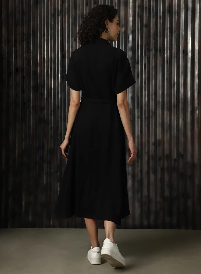 هاي ستار Women's Black 100% Cotton Solid Pattern Regular Length Oversized Dress