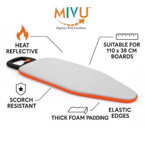 Mivu Comfy Press Aluminized Ironing Board Cover | Heat Reflective & Scorch Resistant | Suitable for 110 x 38 cm Boards | With Thick Foam Padding & Elastic Edges | (Silver & Orange) | Cover Only - Image 2