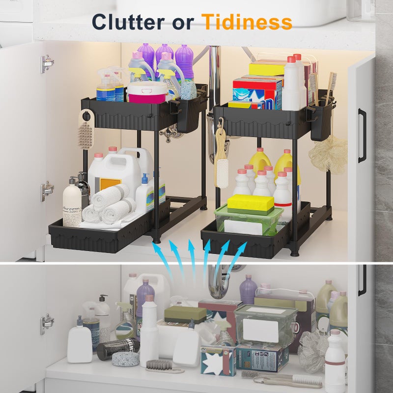 Sevenblue 2 Pack Multi-Purpose Under Sink Organizers and Storage, 2026 Pull Out Cabinet Organizer for Bathroom & Kitchen, Under Cabinet Organizer with Hooks Hanging cup, Black - Image 2