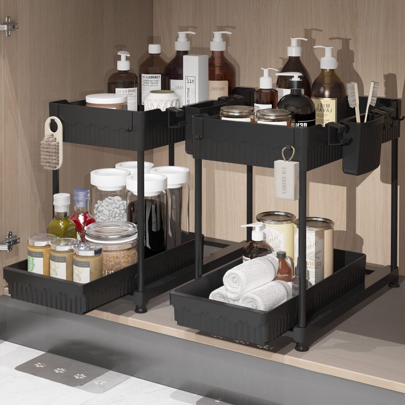 Sevenblue 2 Pack Multi-Purpose Under Sink Organizers and Storage, 2026 Pull Out Cabinet Organizer for Bathroom & Kitchen, Under Cabinet Organizer with Hooks Hanging cup, Black - Image 1