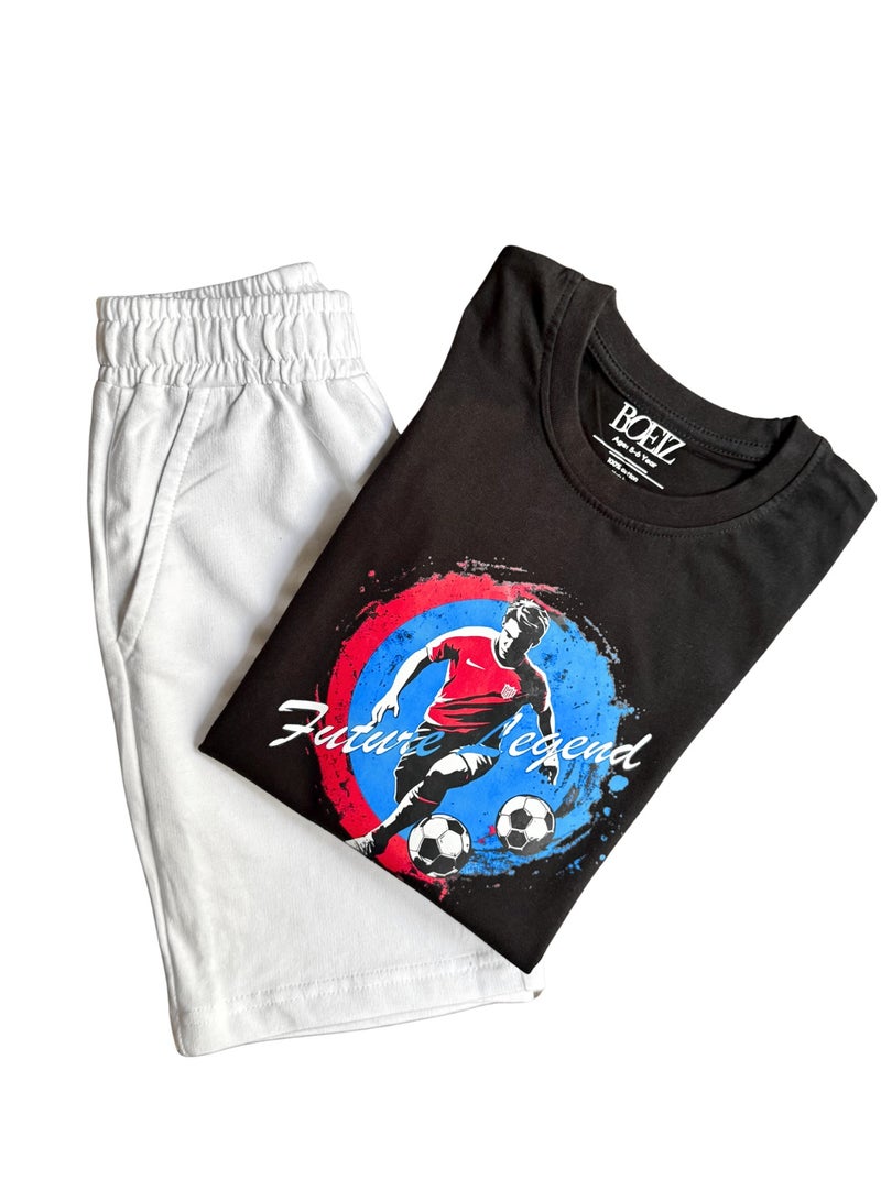 Boeiz Matching Set: Football Print on Black T-shirt & Plain White Shorts Set for 11-12Y - Image 1