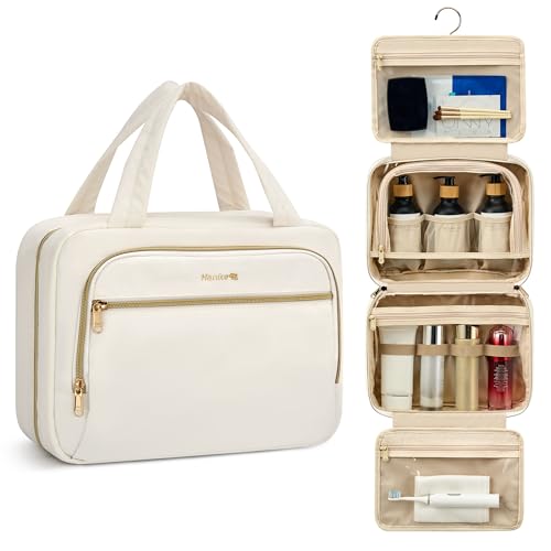 Hanke Hanging Travel Toiletry Bag for Women, Water-Resistant Makeup Organizer with Hook, Cosmetic Bag for Bathroom & Travel Essentials Accessories, Off White - Image 1